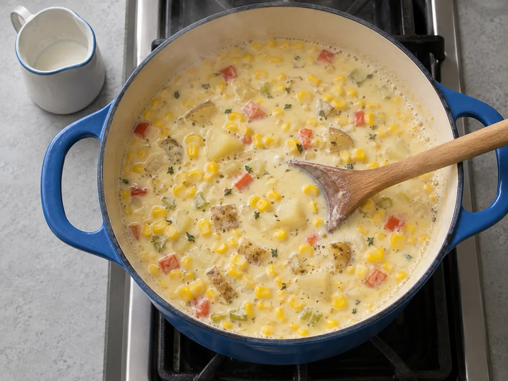 Creamy corn chowder warms around a wooden spoon with small bubbles along the edge.