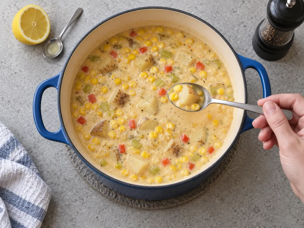 A tasting spoon holds corn and potato above creamy chowder flecked with black pepper.
