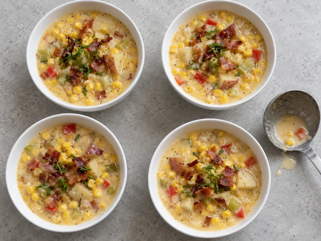 Four bowls of creamy corn chowder carry crisp bacon pieces and sliced chives.
