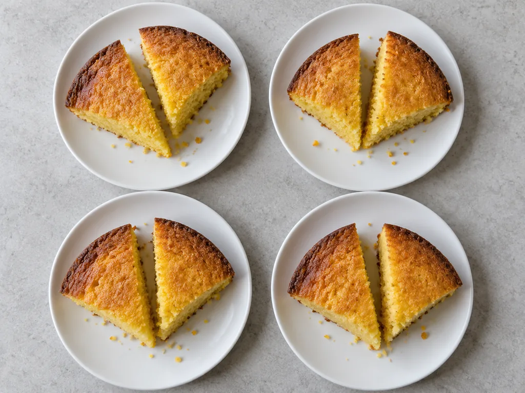 Divide and serve. The cornbread is cut and portioned.