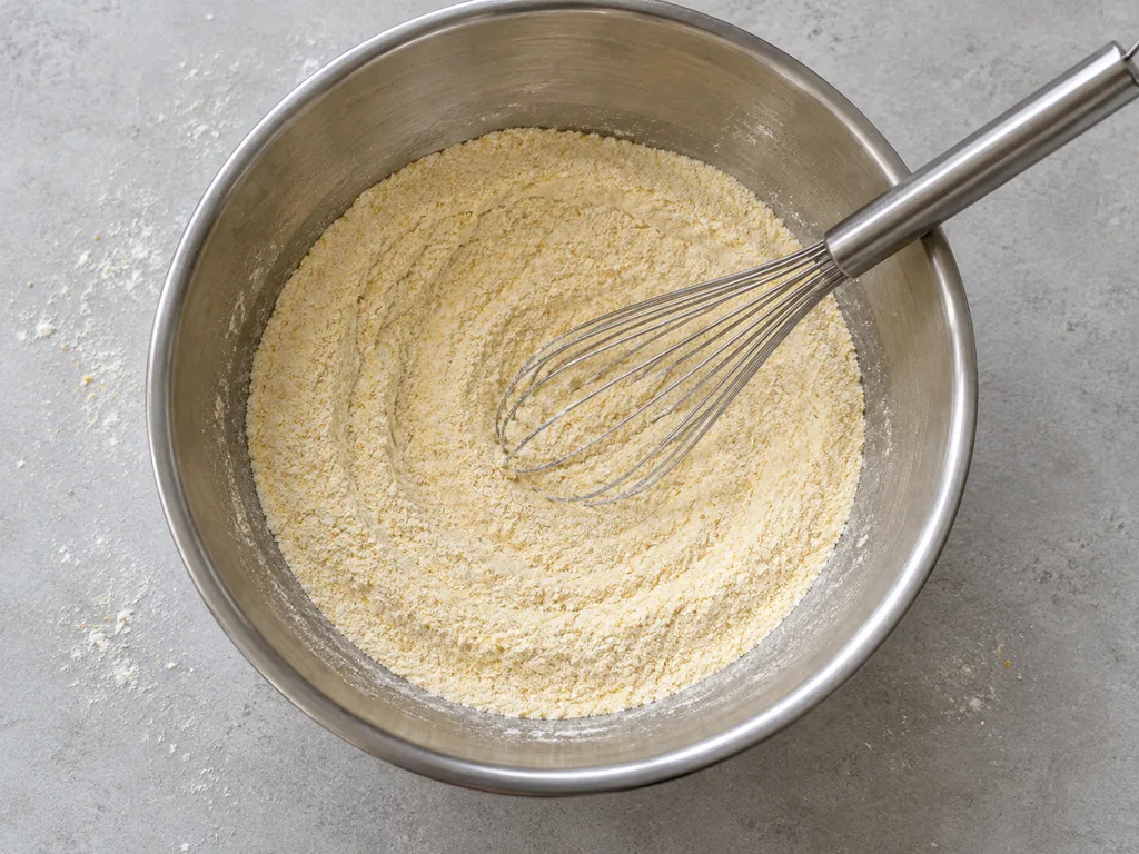 Meanwhile, whisk the dry ingredients. Whisk in the baking powder and baking soda until the mixture looks even, with no soda clumps.