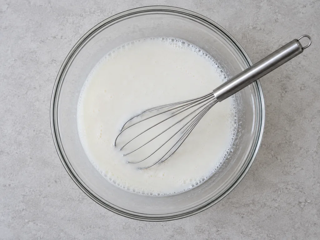 Whisk the wet base. Whisk the buttermilk, 2 tbsp granulated sugar and 3/4 tsp fine sea salt in the medium bowl until no sugar grit shows against the bowl.