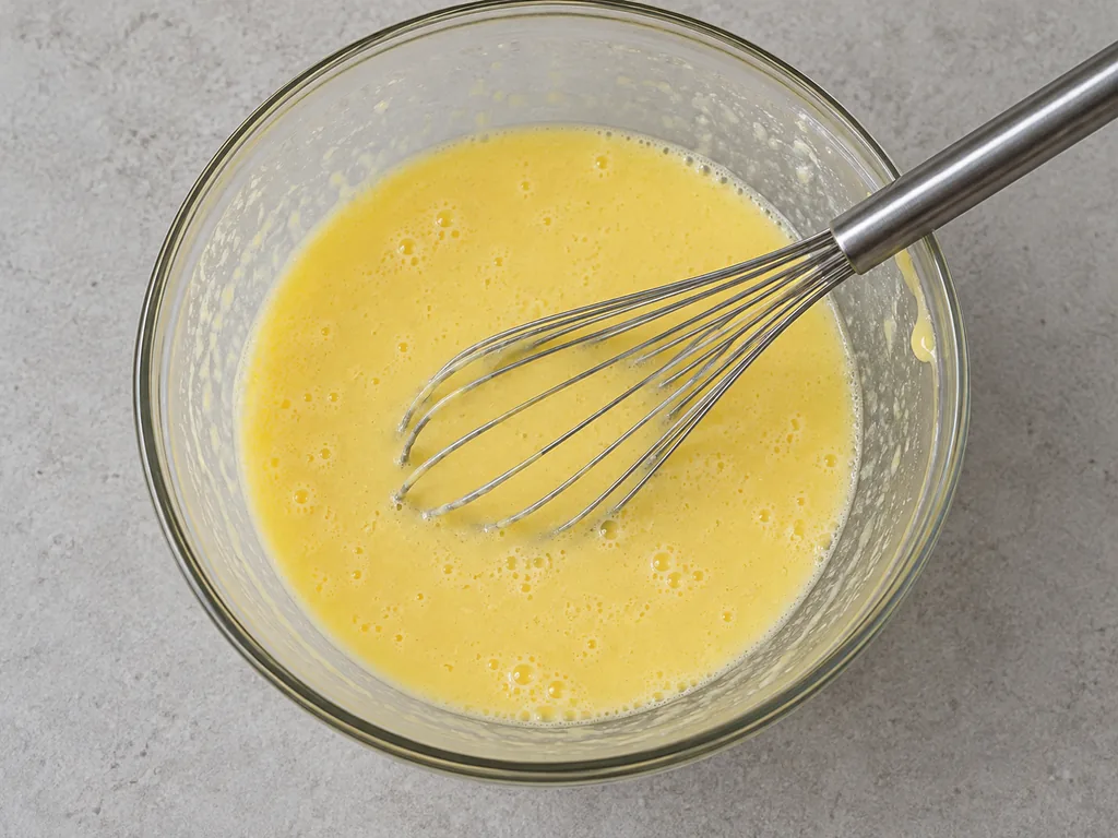 Whisk in the butter and eggs. Whisk the melted butter from the cup into the base, then whisk in the eggs until the base is smooth and evenly yellow.