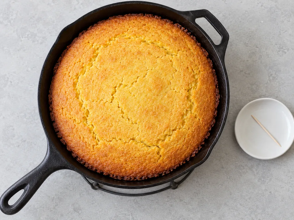 Move the skillet and bake. Smooth the top and bake on the middle rack at 425°F until the top is golden, the edges are deep brown and pulling away, and a toothpick in the center comes out clean, about 20 to 25 minutes.