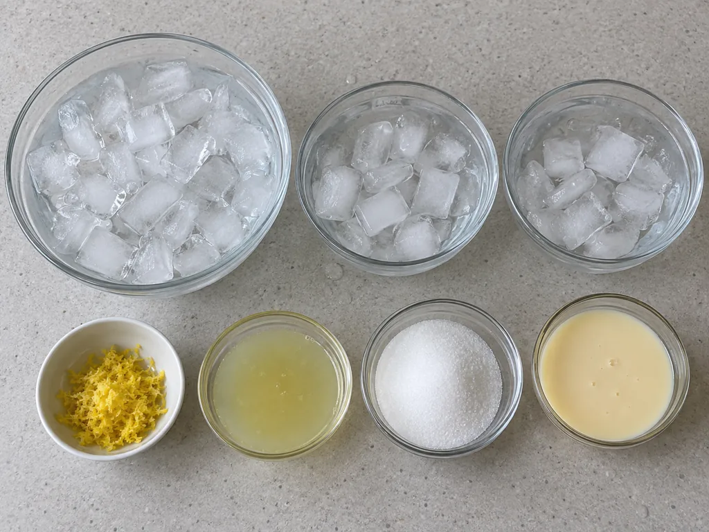 Measured lemon zest, lemon juice, sugar, condensed milk and ice divided into three portions.