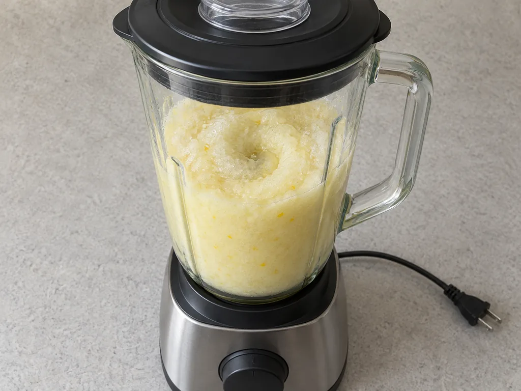 Creamy lemon mixture with fine ice crystals in a closed blender after the first ice addition.