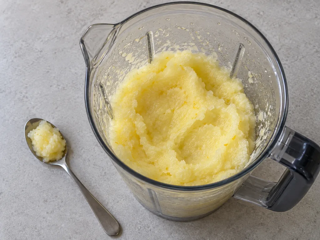 A spoonful of lemon slush beside the stopped blender jar, ready for tasting.