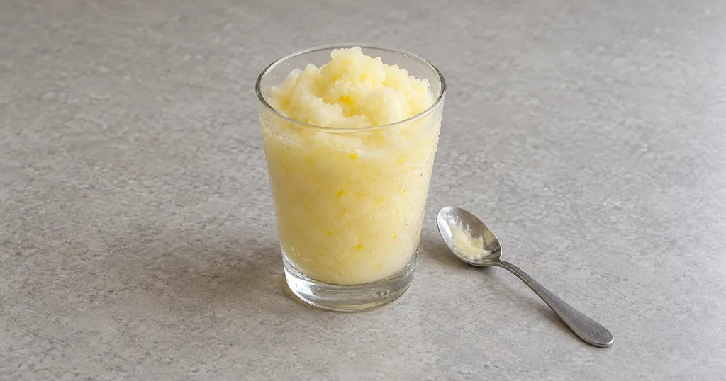 A glass of creamy lemon slush with fine ice crystals and a used spoon alongside.