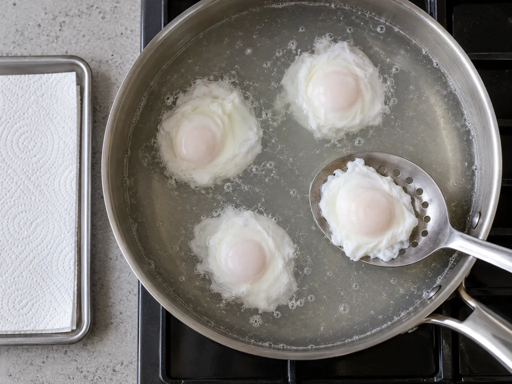 Check the water and poach the eggs. Lift each round onto paper towels, then onto the baking sheet in the oven.