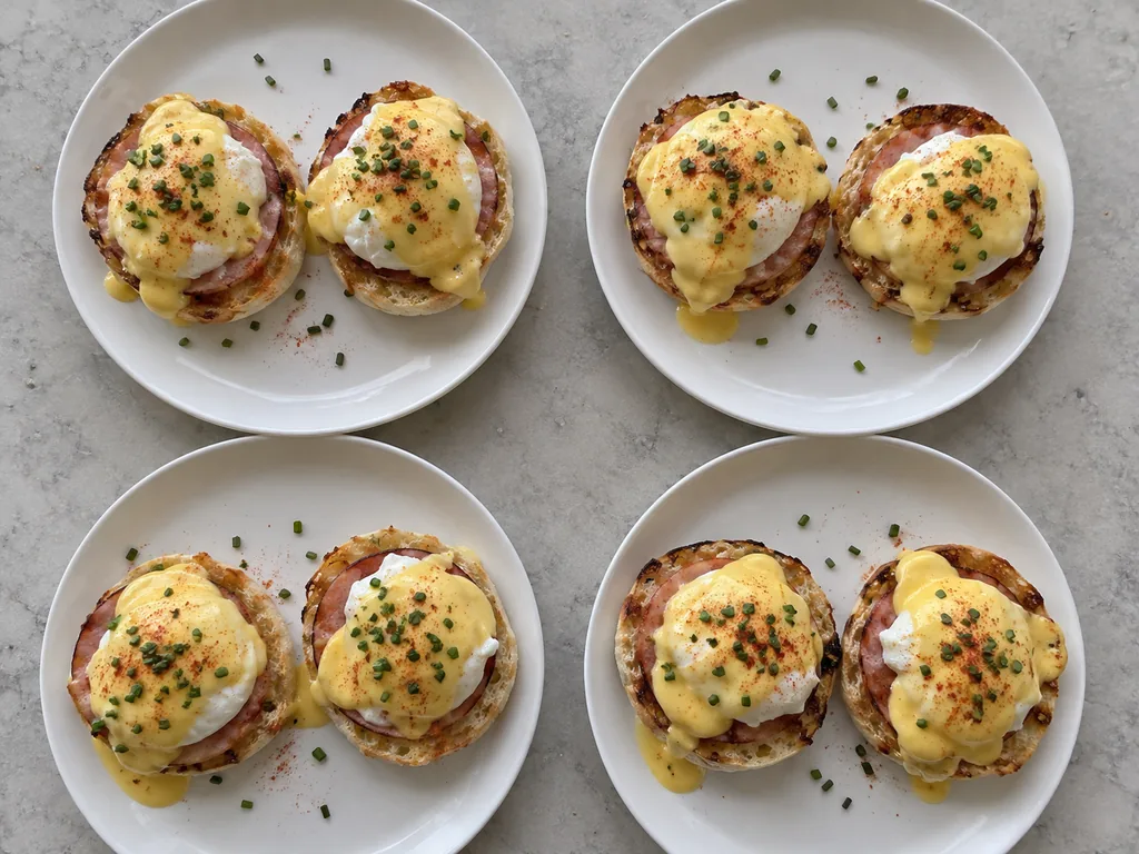 Divide and serve. Each plate holds 2 topped halves.