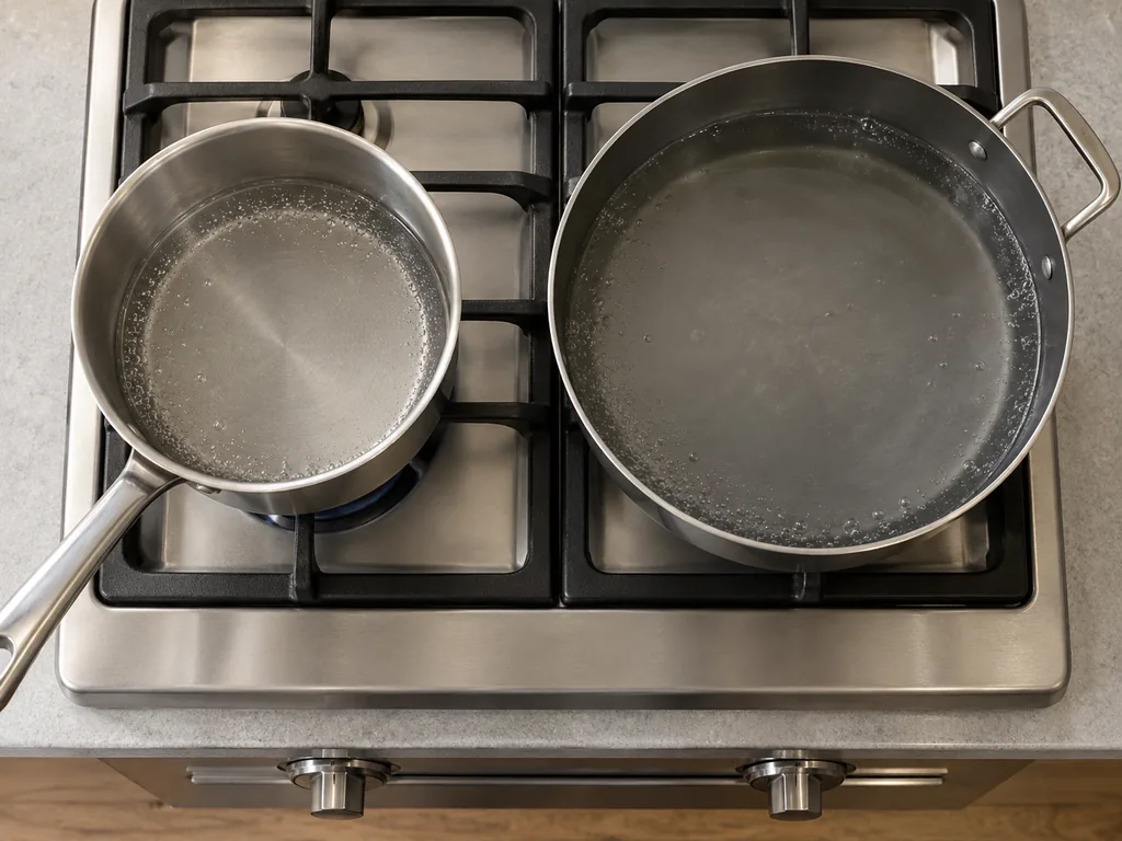 Pour and heat the water. Both pans of water are barely simmering.