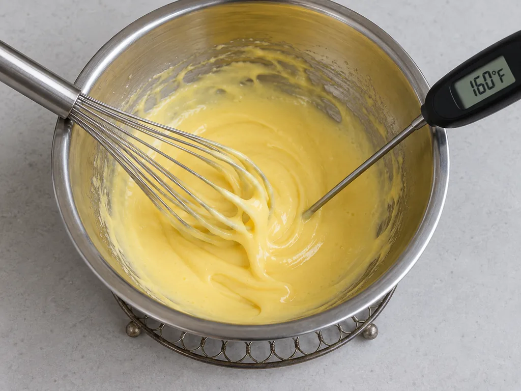 Whisk the yolk base. Lift the bowl off the saucepan right away.