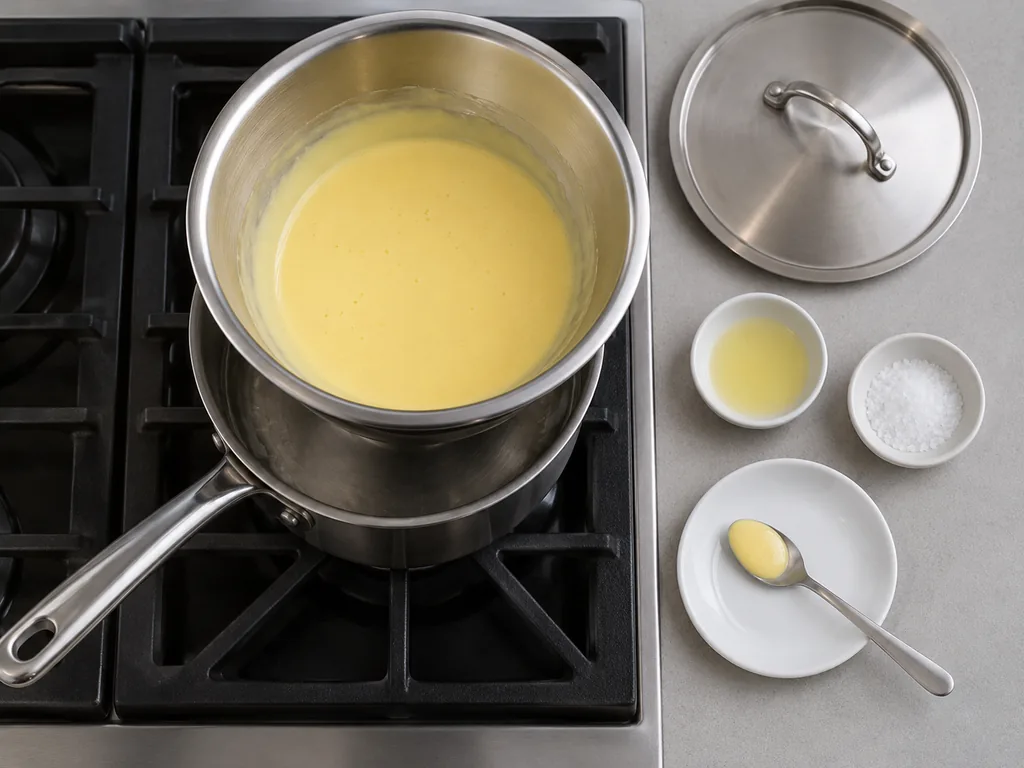 Taste and hold the sauce. Cover the bowl and hold it over the saucepan with the burner off, whisking every few minutes, until the eggs are ready.