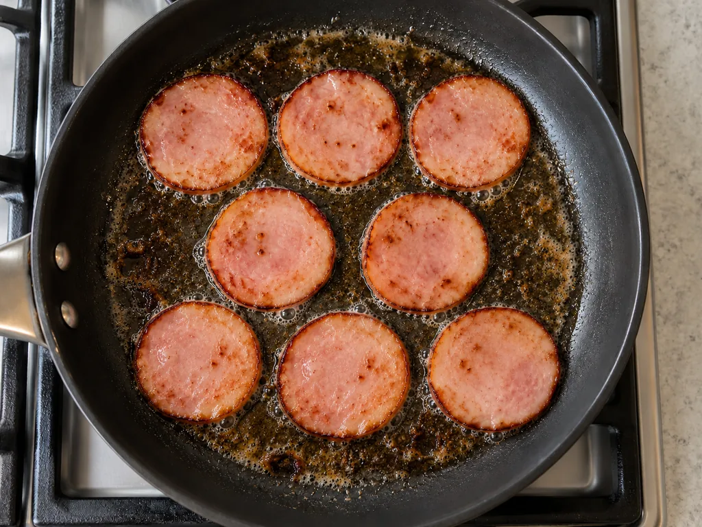 Melt the butter and brown the bacon. Move the bacon to the baking sheet in the warm oven.