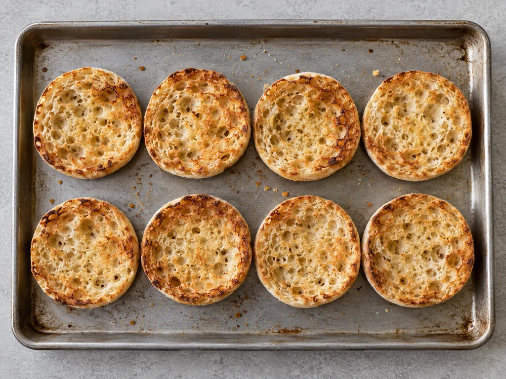 Toast the muffins. The muffins are golden and crisp at the edges.