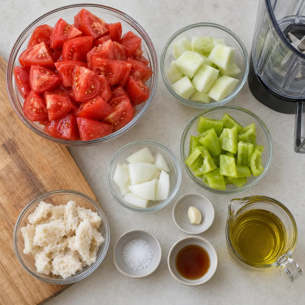 Gazpacho vegetables, crustless bread, and seasonings prepared before blending.