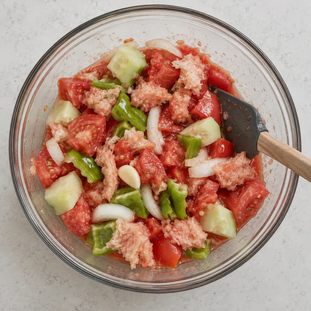 Salted vegetables release red juice and soften the bread until pink.