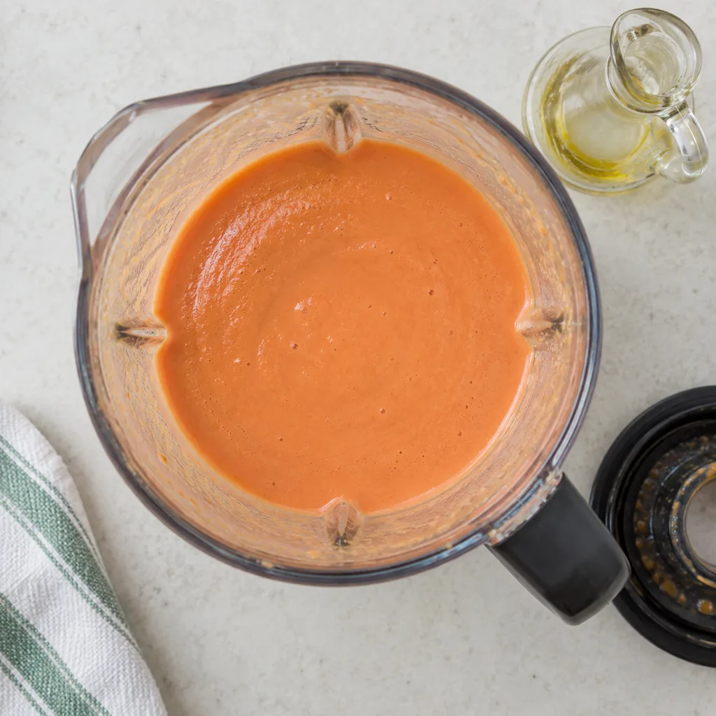 Olive oil blended in until the soup is glossy, creamy, and orange-pink.