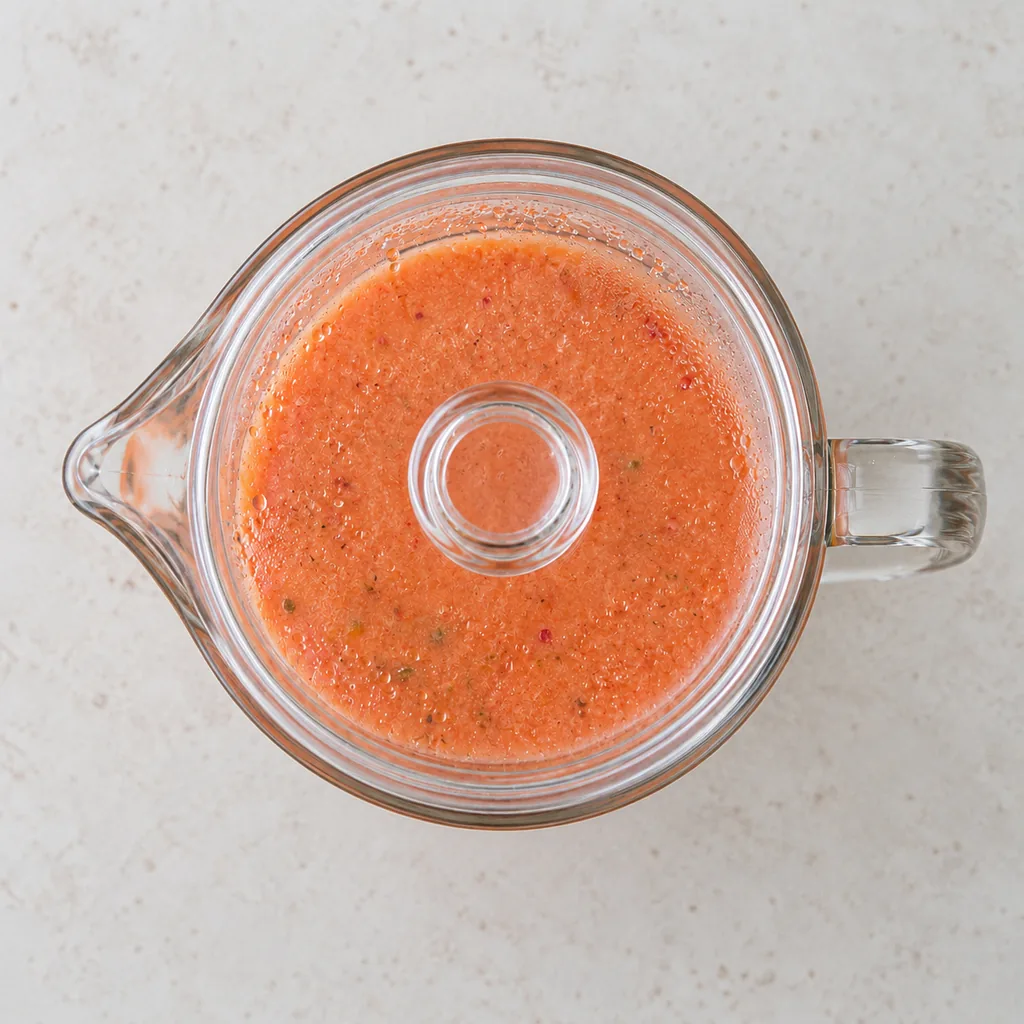 Gazpacho covered in a pitcher for chilling.