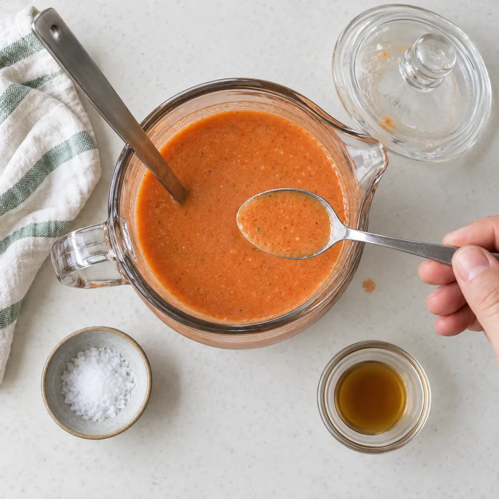Cold gazpacho stirred and tasted before final seasoning.