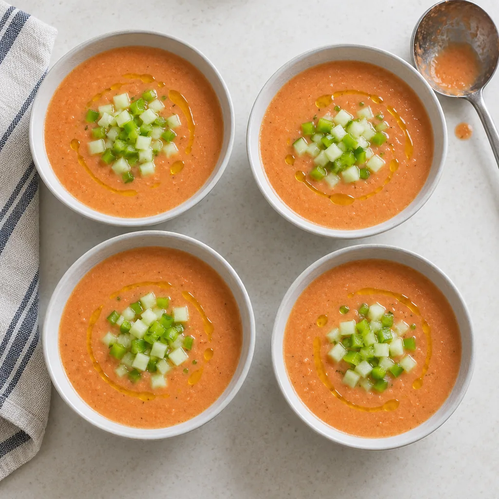 Four chilled gazpacho portions topped with diced cucumber, pepper, and olive oil.