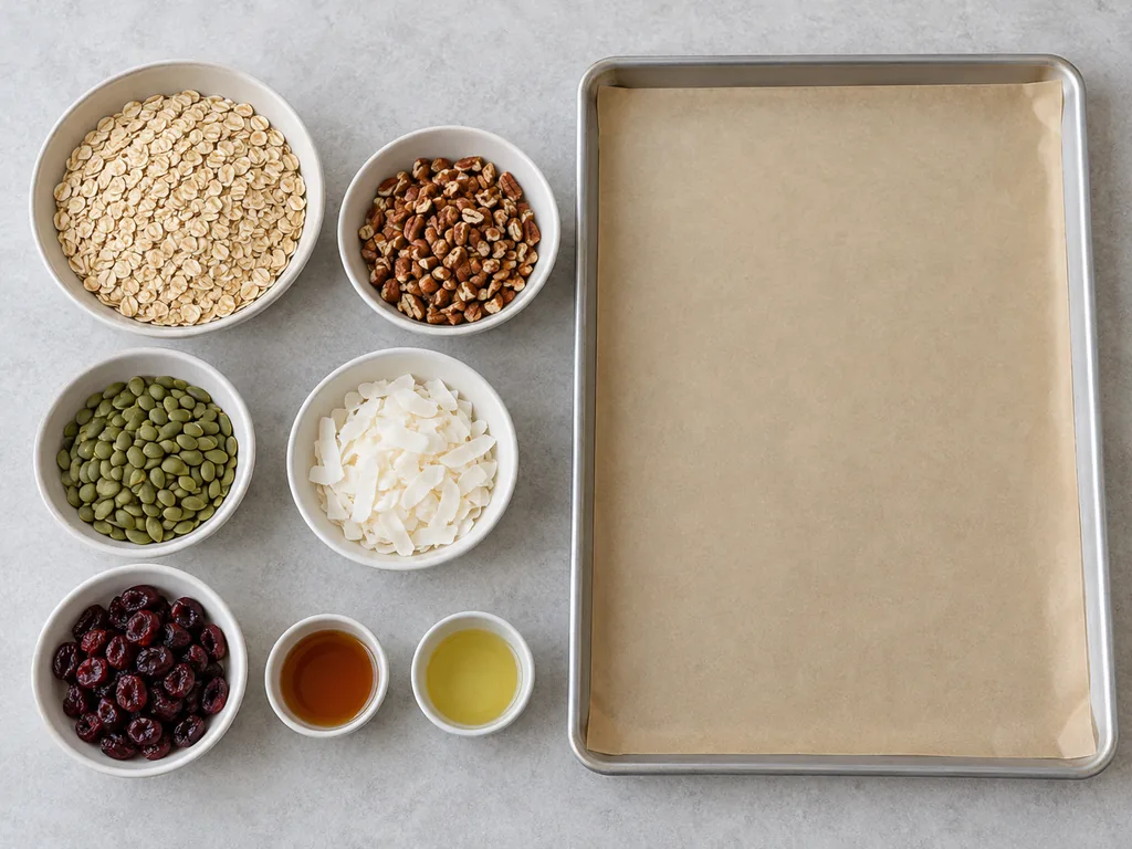 Bowls of oats, nuts, seeds, coconut and cherries sit beside a parchment-lined baking sheet.