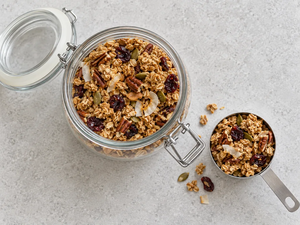 Granola with dried cherries fills a clear storage jar beside a portioning scoop.