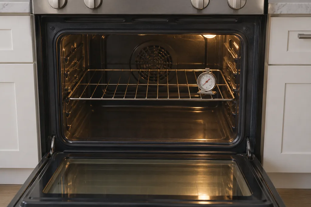 An empty open oven shows a middle rack and a small oven thermometer.