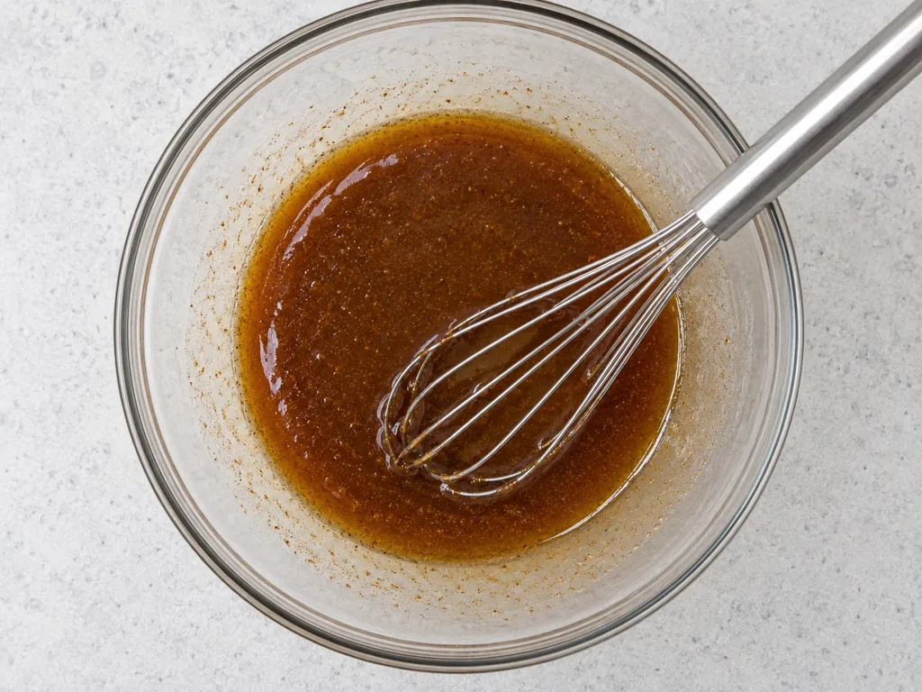 A whisk rests in glossy amber maple coating inside a glass mixing bowl.