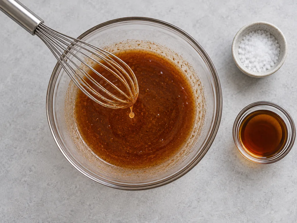 A drop of amber coating hangs from a whisk above the bowl beside salt and syrup.
