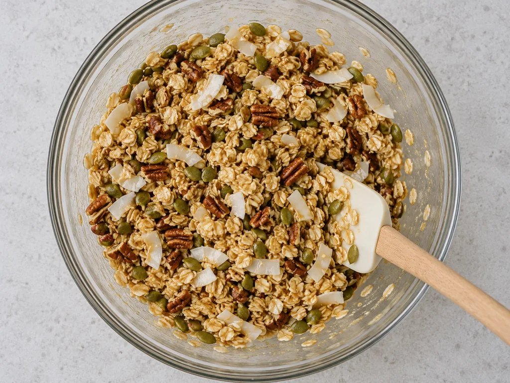 A spatula folds shiny coated oats, pecans, pumpkin seeds and coconut in a glass bowl.
