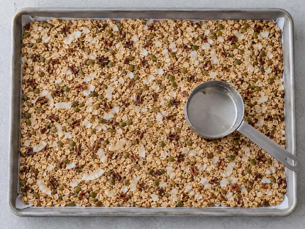 A flat-bottom measuring cup presses coated granola into an even layer on a lined tray.