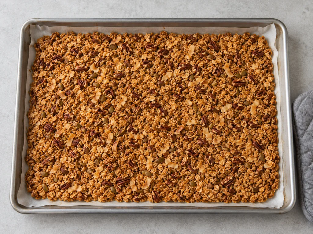 A deep golden granola layer remains unbroken on a parchment-lined baking sheet.