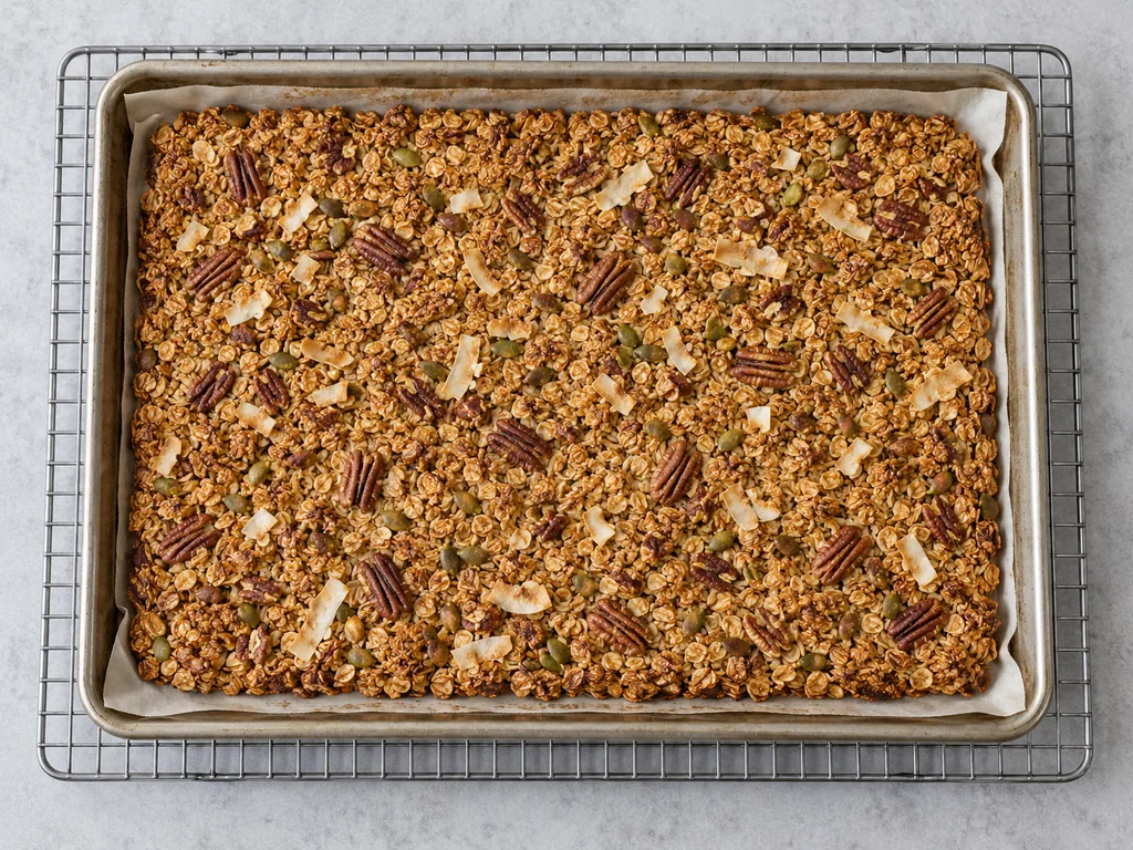 An intact golden granola layer cools in its baking sheet on a wire rack.