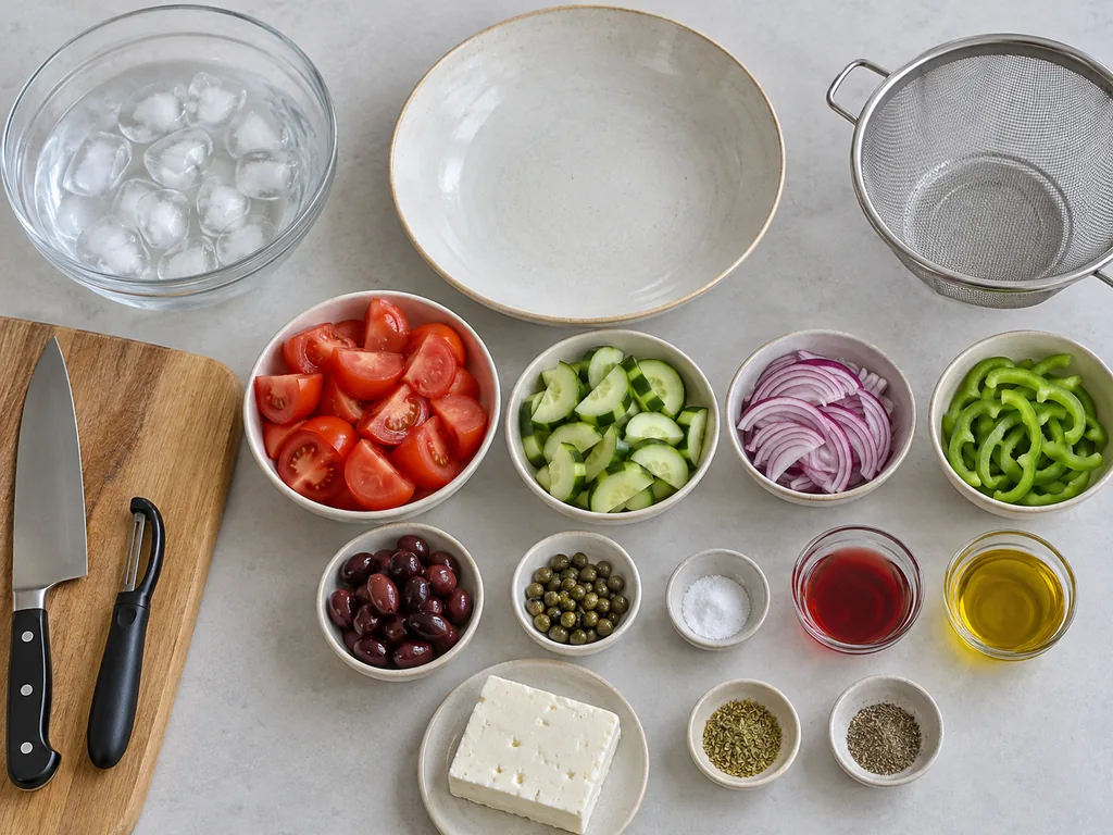 Prepared vegetables, olives, capers and a feta slab sit beside an empty serving bowl and ice water.