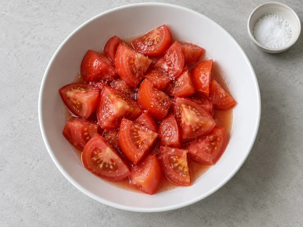 Salted tomato wedges sit in a white bowl with pink juices pooling around their edges.