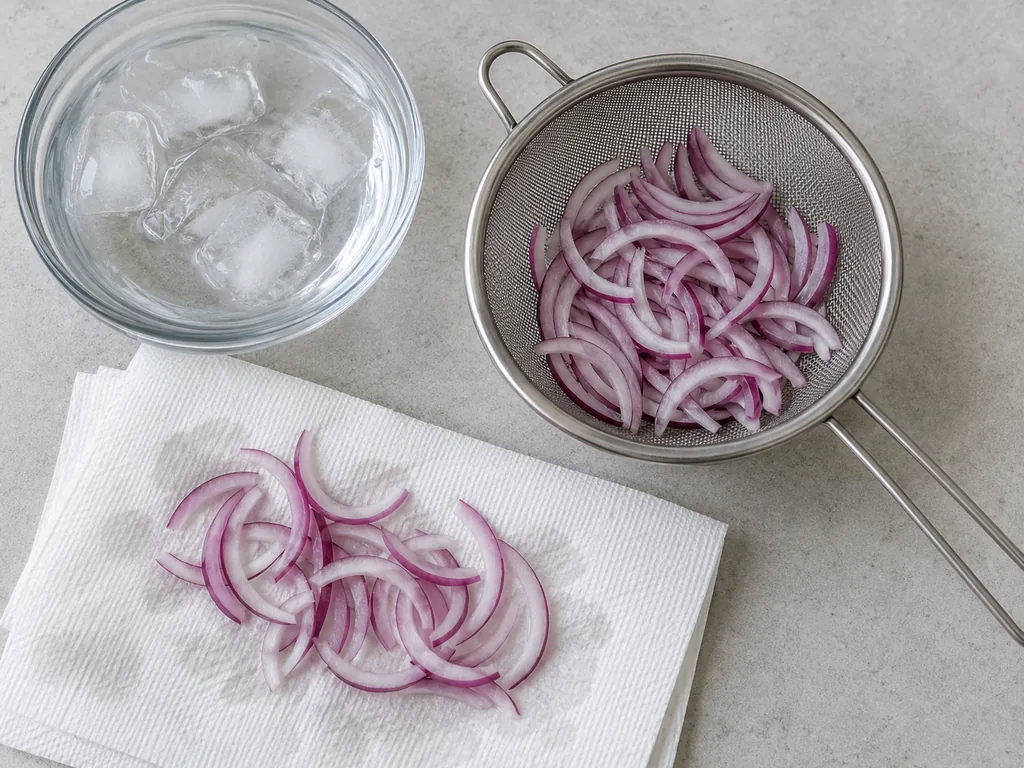 Thin red onion slices drain in a strainer and on paper towels beside a bowl of ice water.