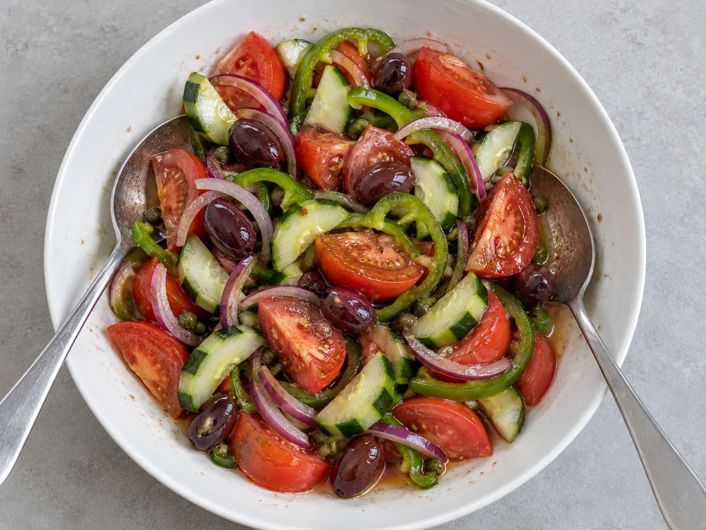 Glossy tomato, cucumber, pepper and onion mingle with olives and capers between two serving spoons.
