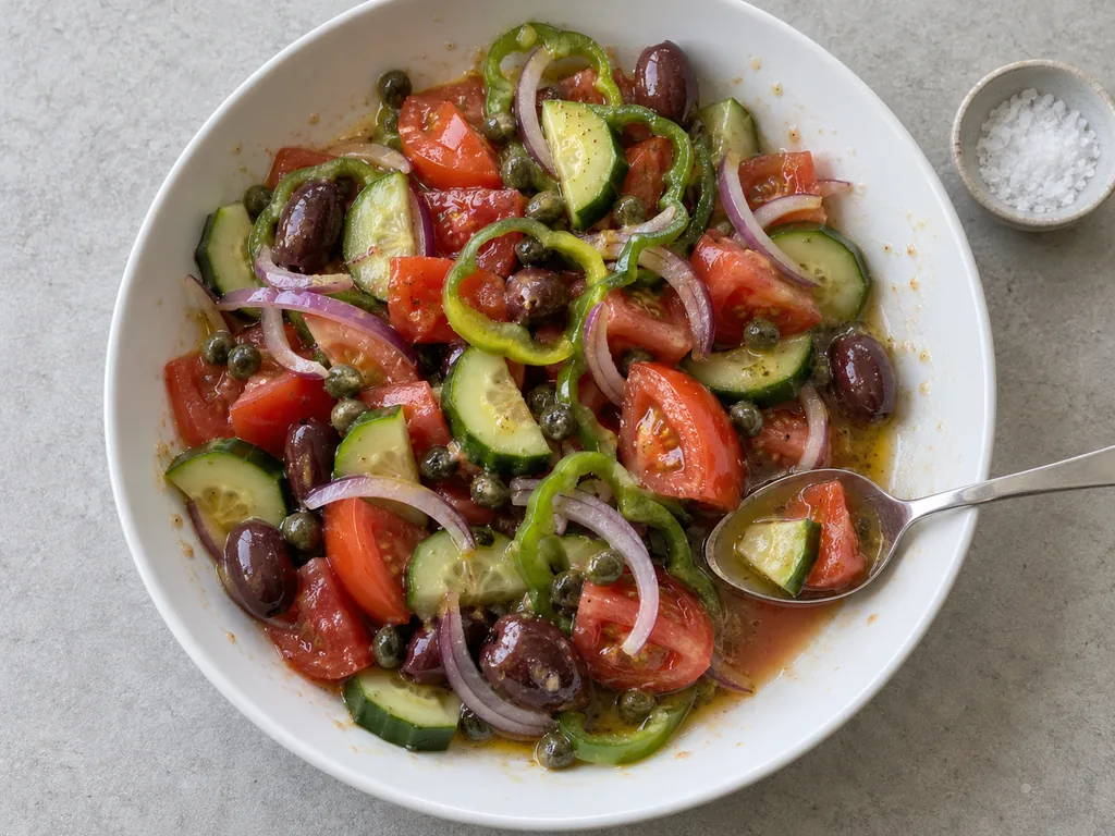 A spoon holds tomato, cucumber and dressing beside the glossy salad, with a salt dish nearby.