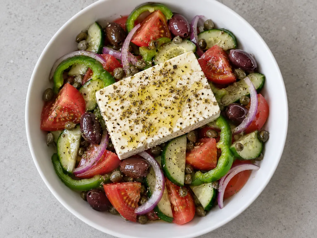 An intact feta slab rests on dressed vegetables, glistening with olive oil and scattered oregano.