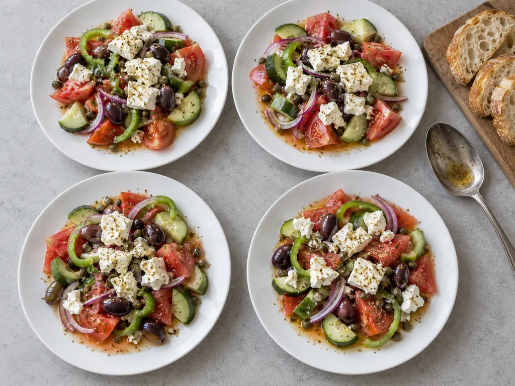 Four plates hold Greek salad with broken feta chunks and pooled juices, beside sliced crusty bread.