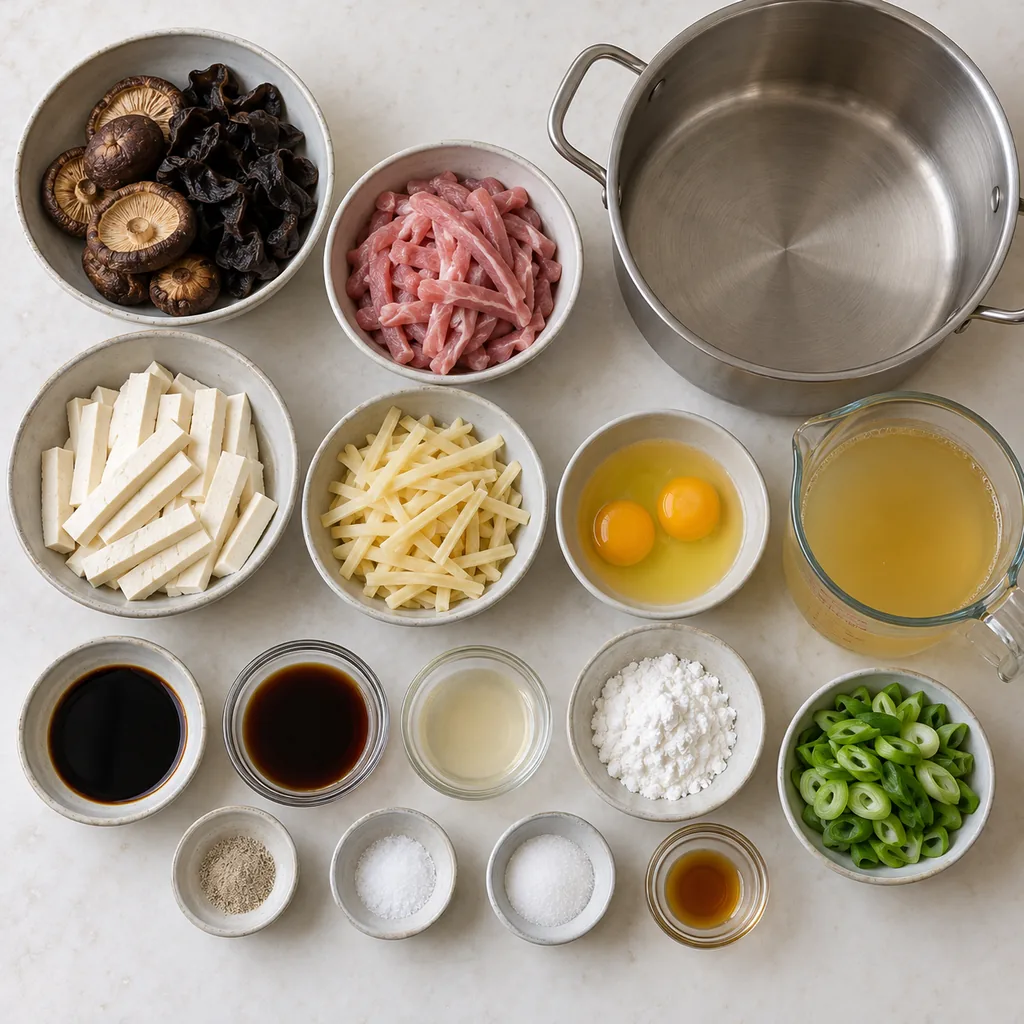 Hot-and-sour soup ingredients prepared in separate bowls.