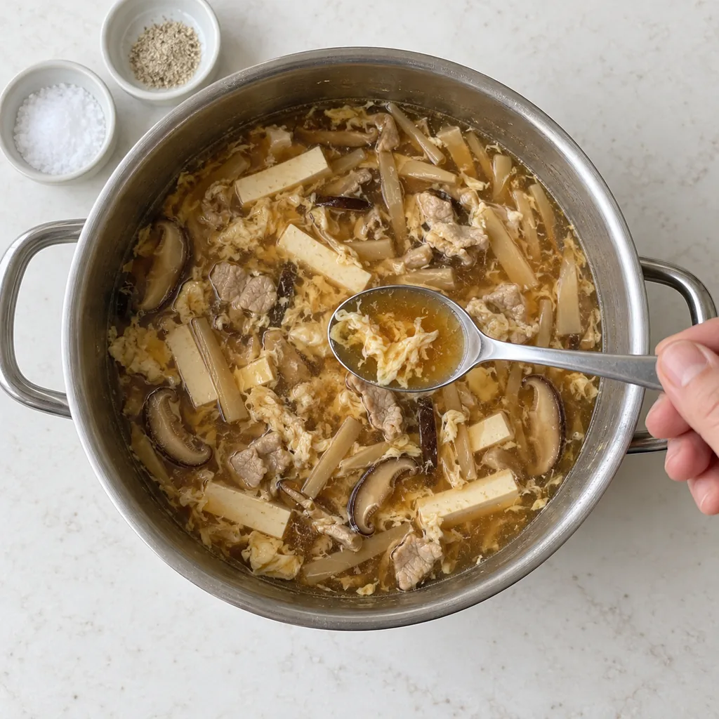A spoonful ready to taste for sour, hot, and savory balance.