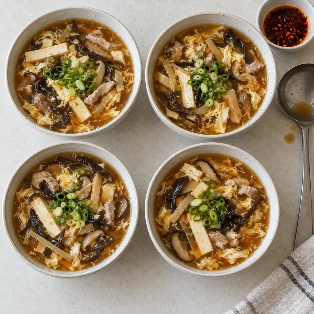 Four bowls of hot-and-sour soup topped with green onions.