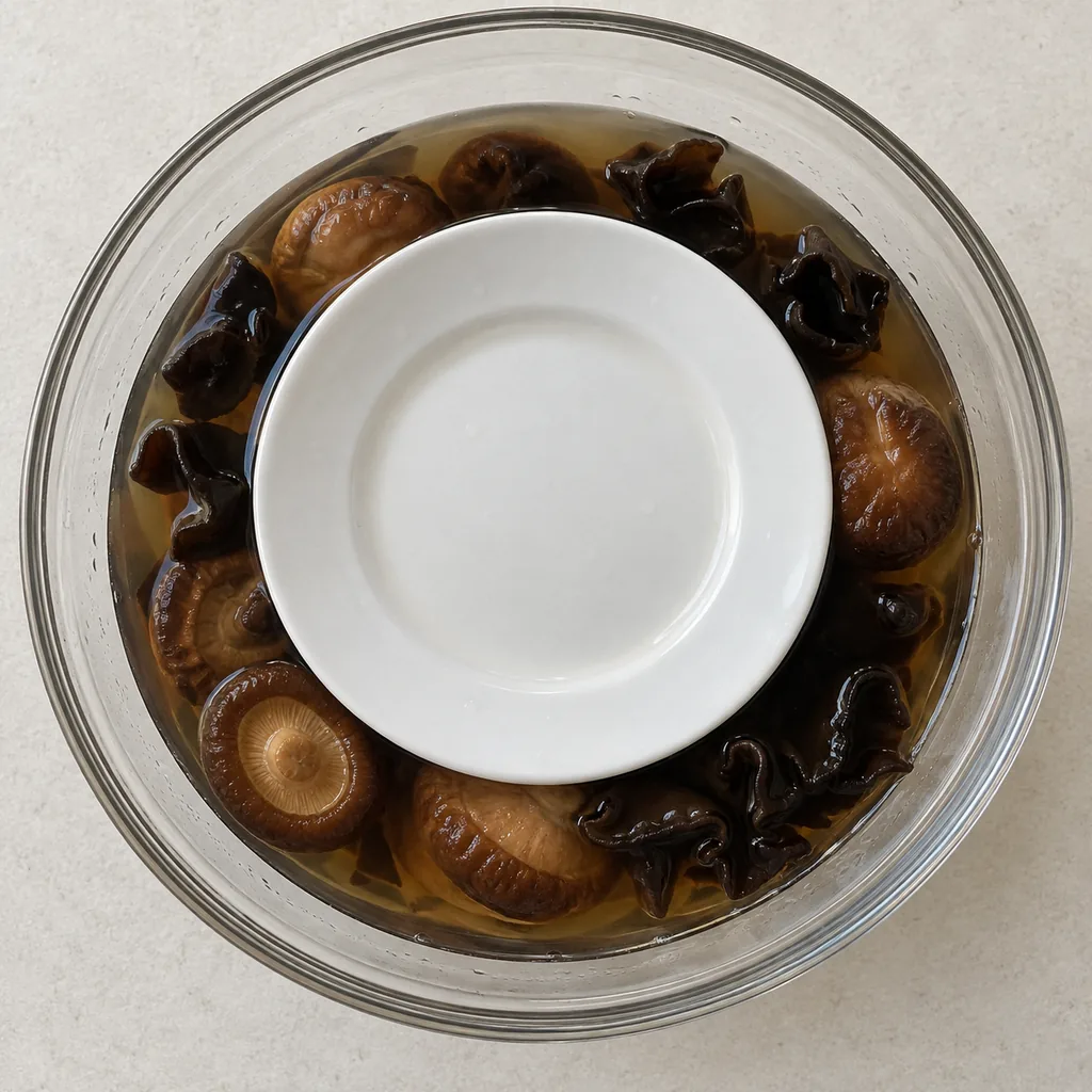 Shiitake and wood ear mushrooms soften under a small plate in soaking water.