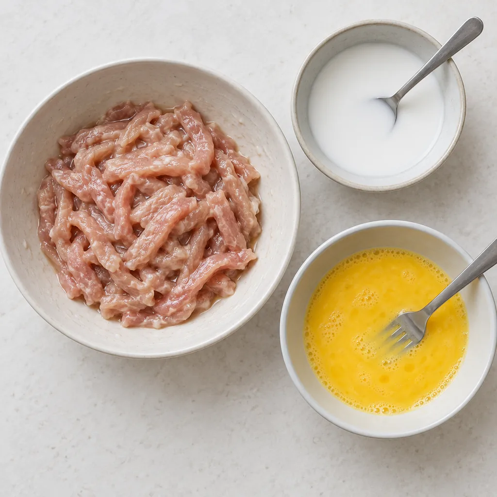 Pork coated with soy and starch beside smooth slurry and beaten eggs.