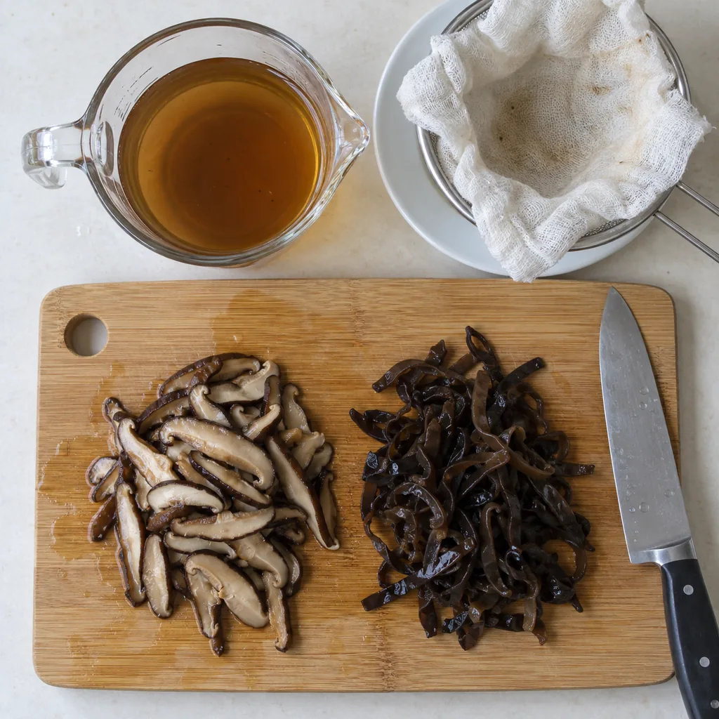 Sliced shiitake caps and wood ear strips beside strained mushroom liquid.