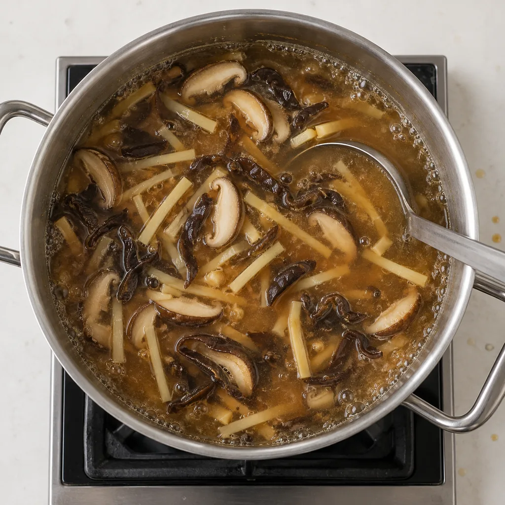 Mushrooms and bamboo simmer in the seasoned broth.