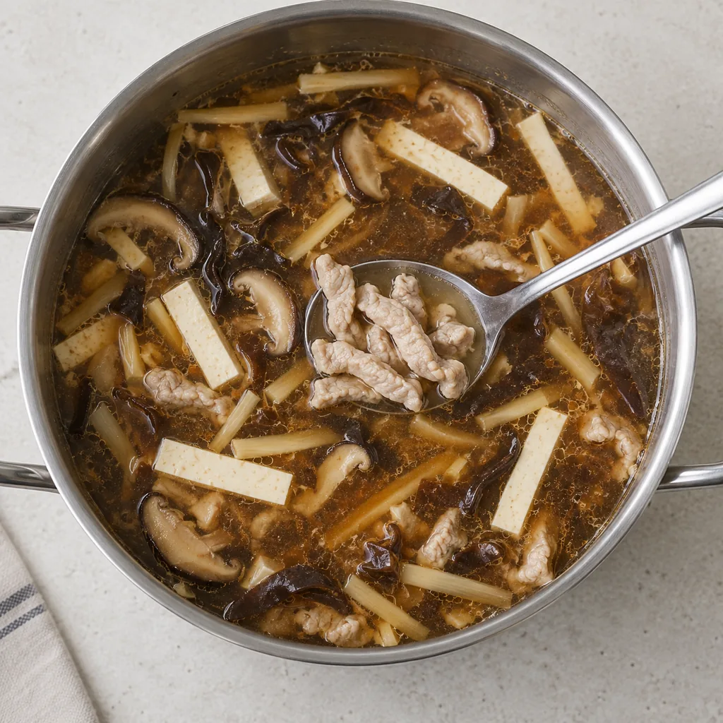 Pork strips cooked opaque with tofu strips warmed in the broth.