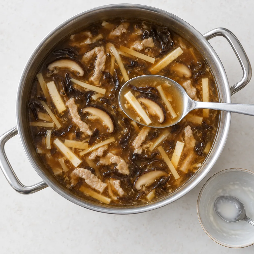 Slurry thickens the soup until it is glossy and lightly coats the spoon.